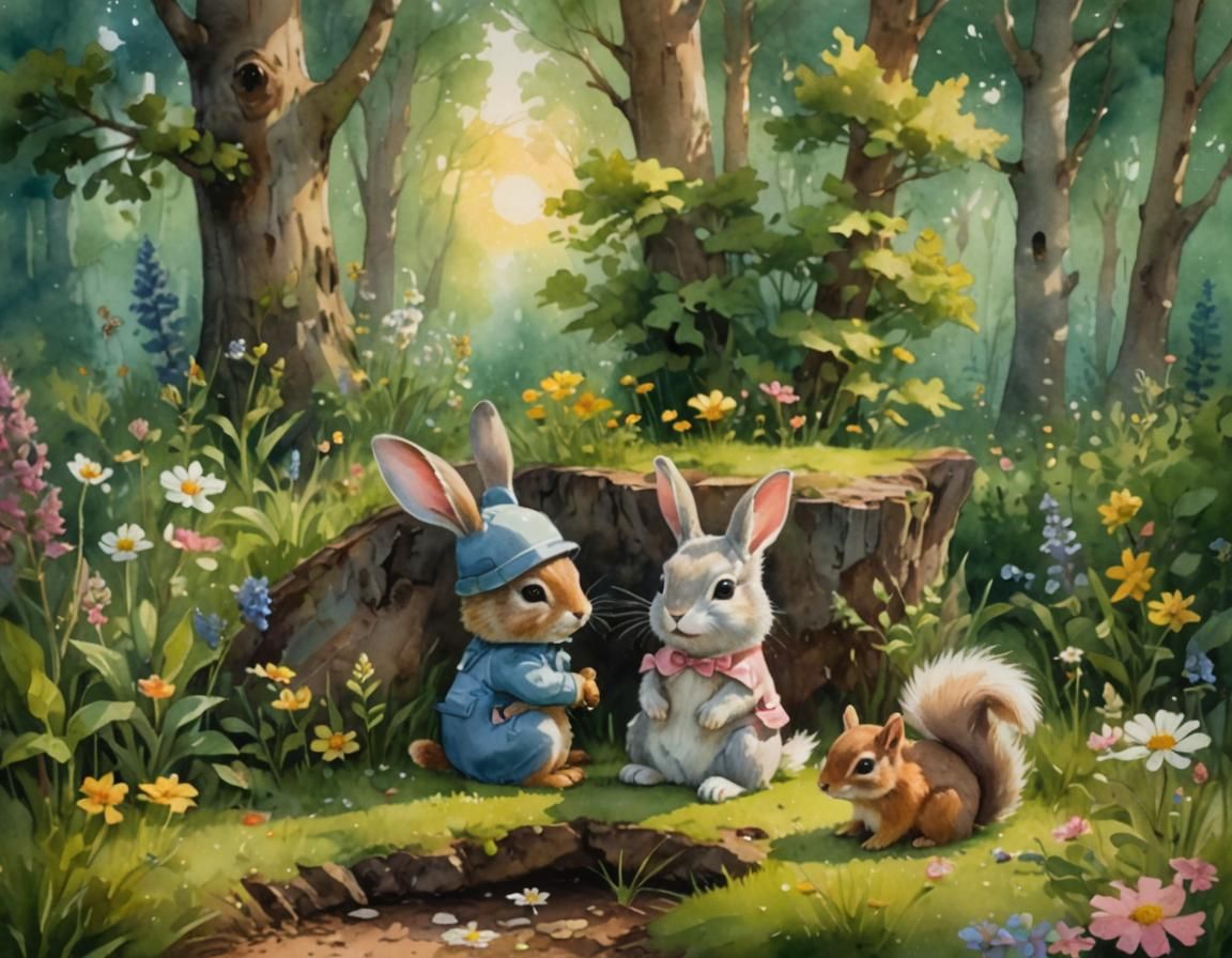 Bunny and Squirrel in Wildflowers: Watercolor Painting