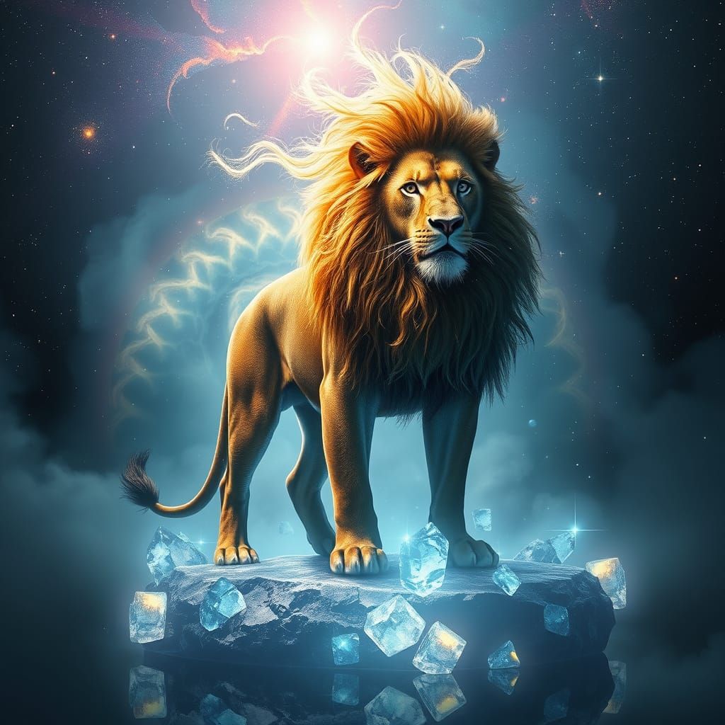 Majestic Lion in Cosmic Nebula and Aurora