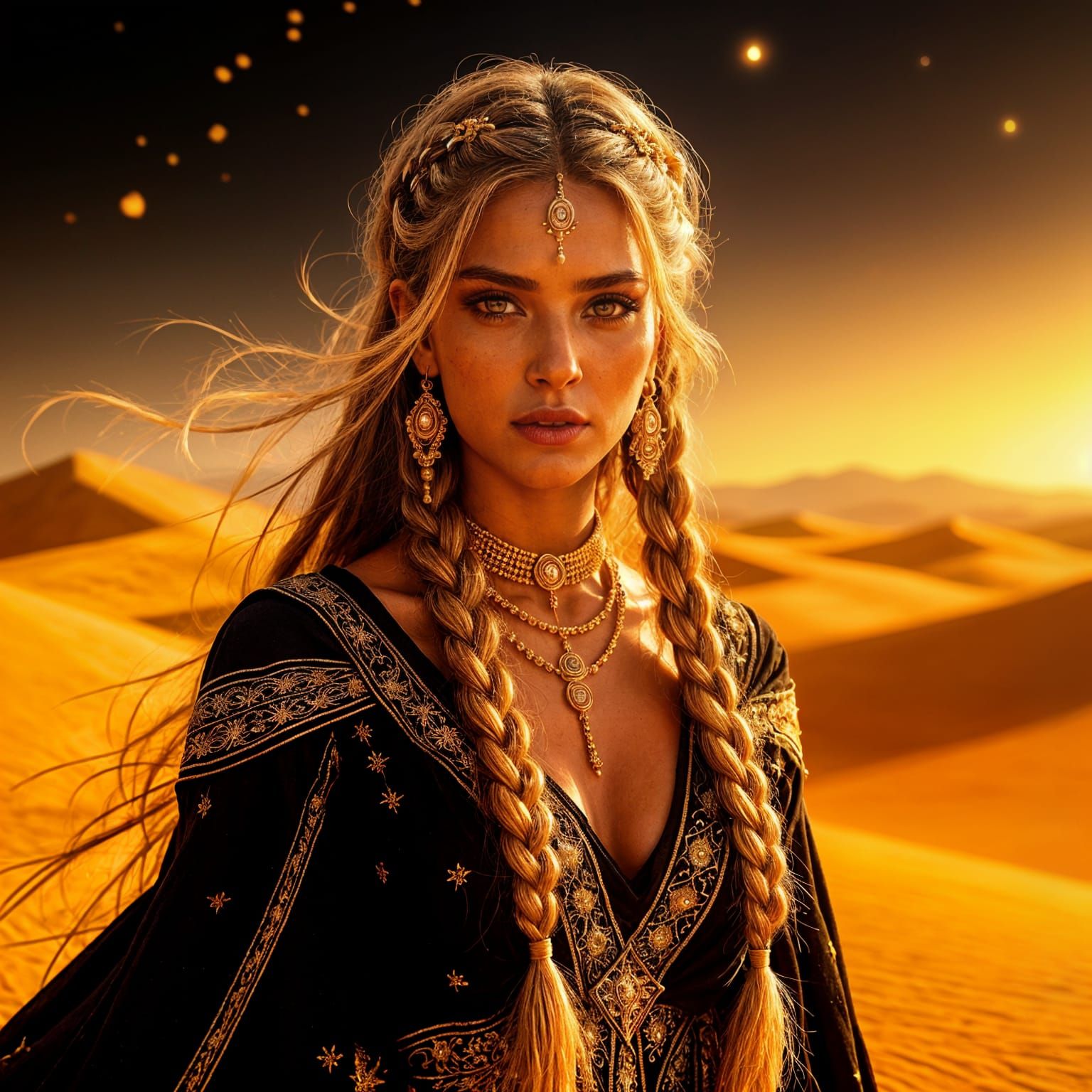 Goddess of Death in Shimmering Desert Landscape