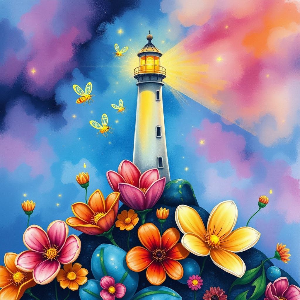 Whimsical Floral Lighthouse with Firefly Glow