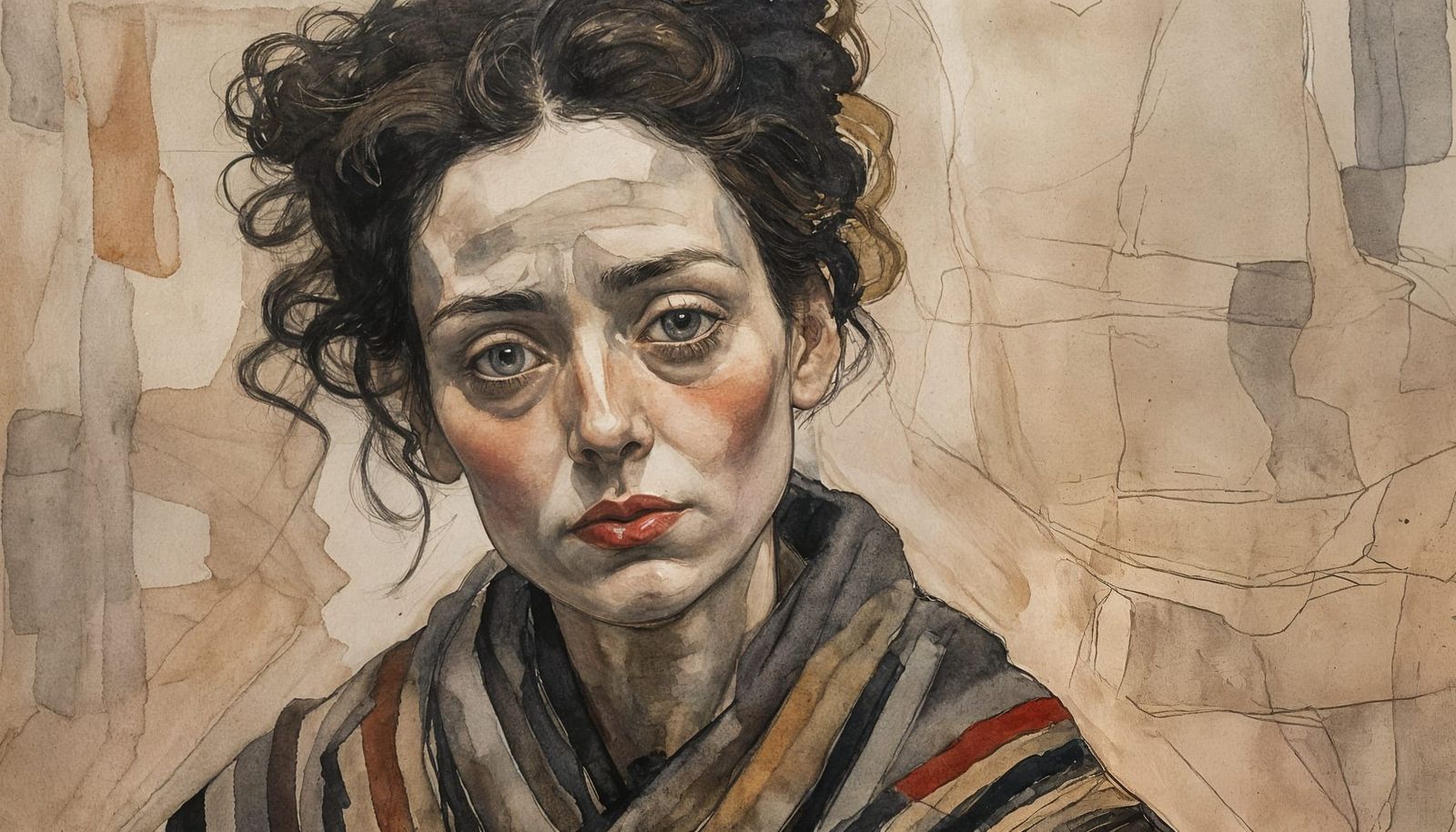 Woman Reading in Striped Dress, Schiele Style Watercolor