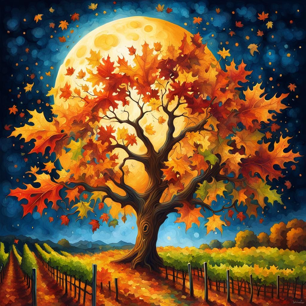 Autumn Vineyard Under Glistening Stars in Digital Art