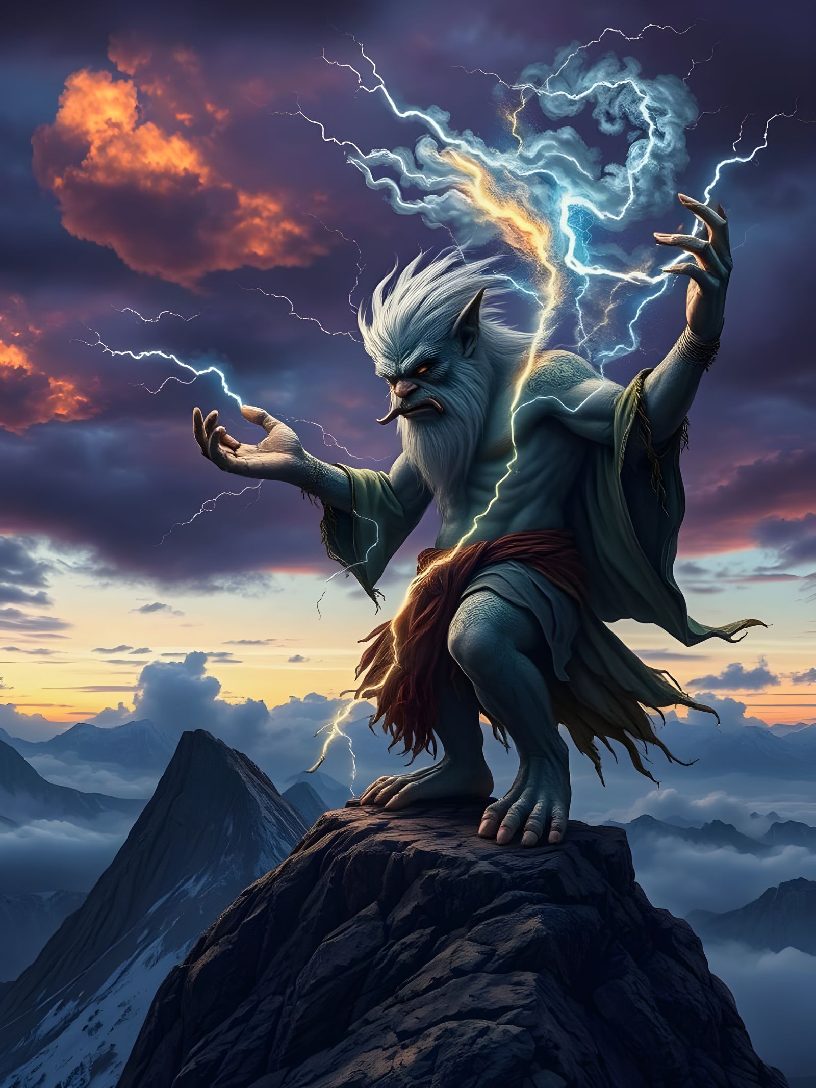 Weather-Weaving Troll atop Windswept Mountain at Twilight
