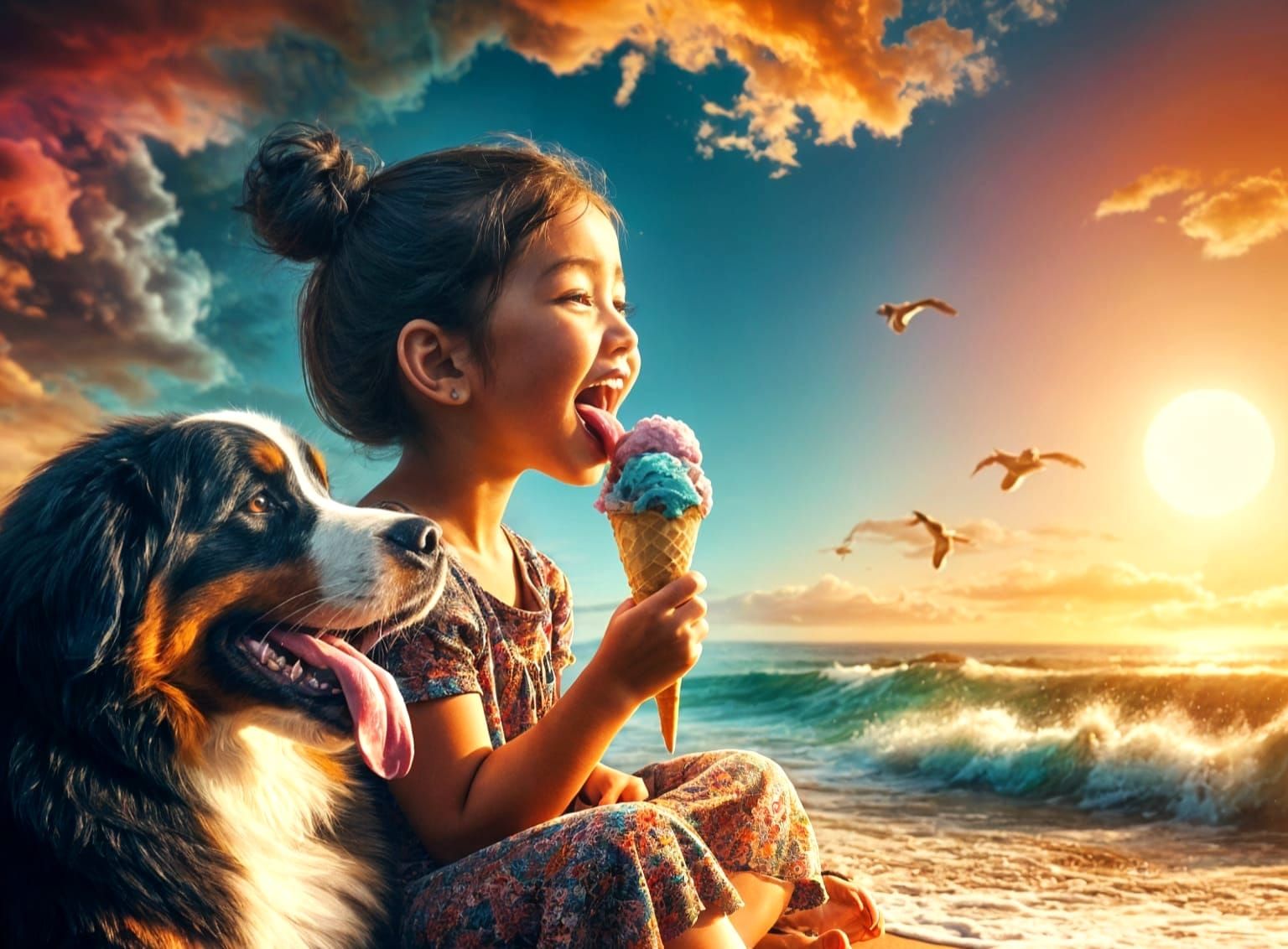 South Asian Girl and Bernese Mountain Dog Enjoy Beachside Ic...