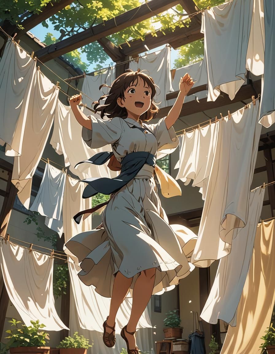 Ghibli Style Girl Dancing Among Sheets