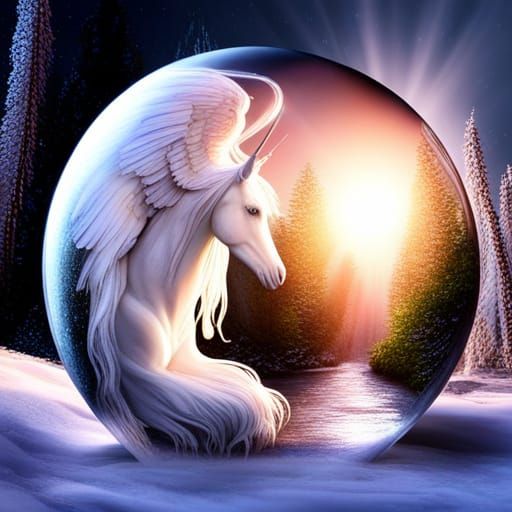Angel, Unicorn and Crystal City in Snow Globe