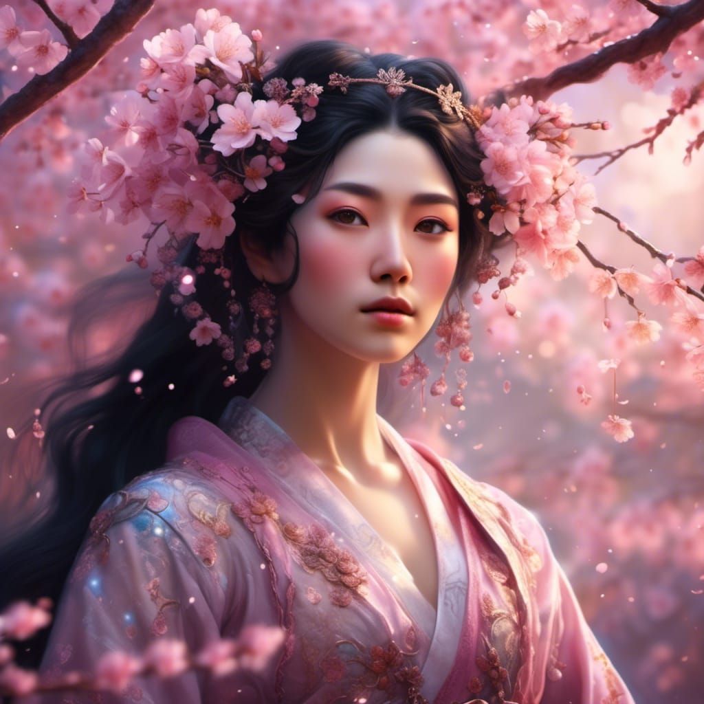 Japanese Cherry Blossom Goddess in Hyperreal Style