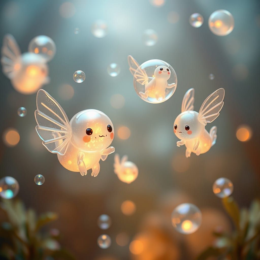 Whimsical Iridescent Beings in a Dreamlike Atmosphere