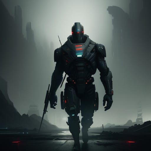 Confident Figure Triumphs in Futuristic Landscape