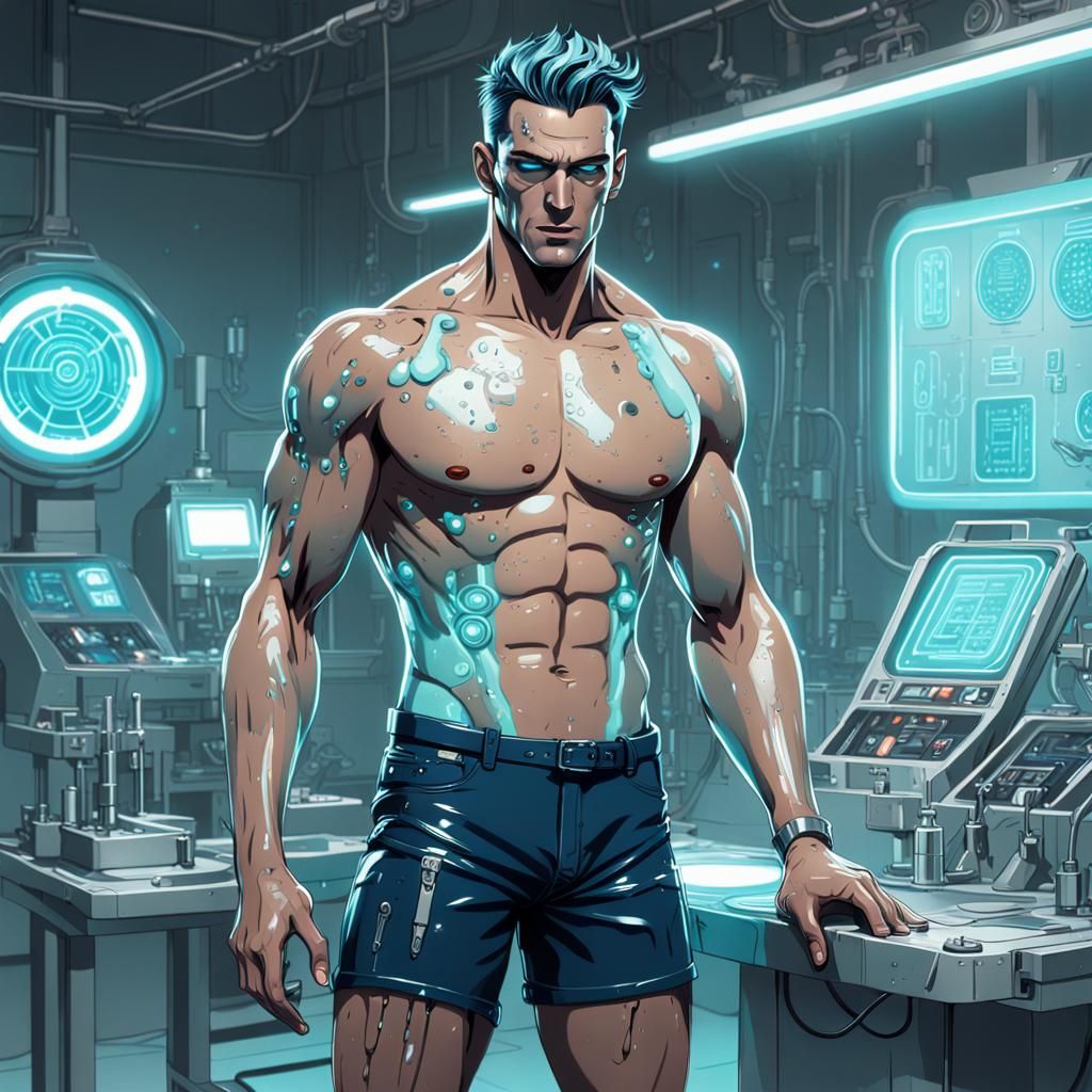 Retro Android Hunk Repairs Himself in Neon Lab