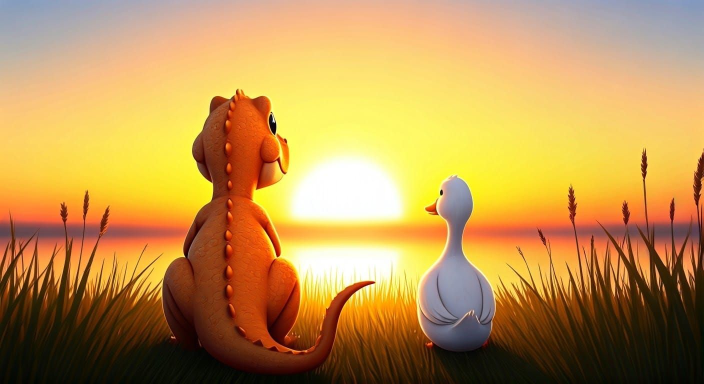 Charming Prehistoric Duo Admire Sunrise in Colorful Cartoon