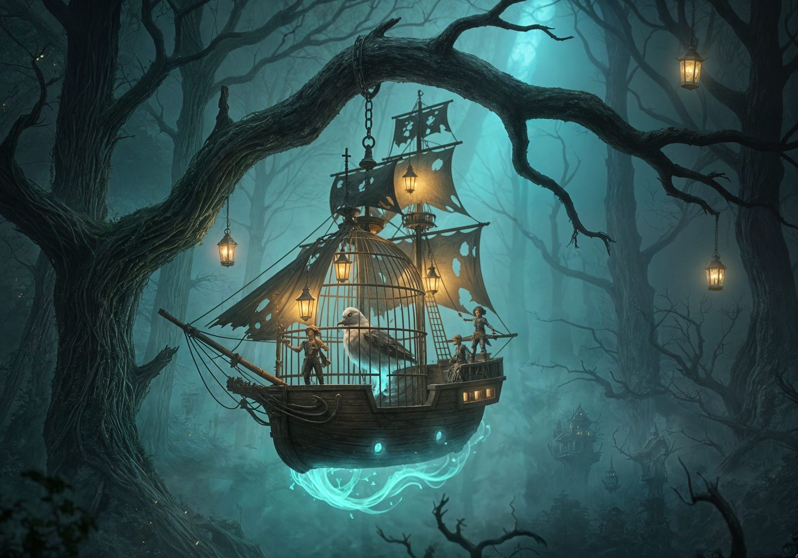 Whimsical Ghost Ship Birdcage in Haunted Forest