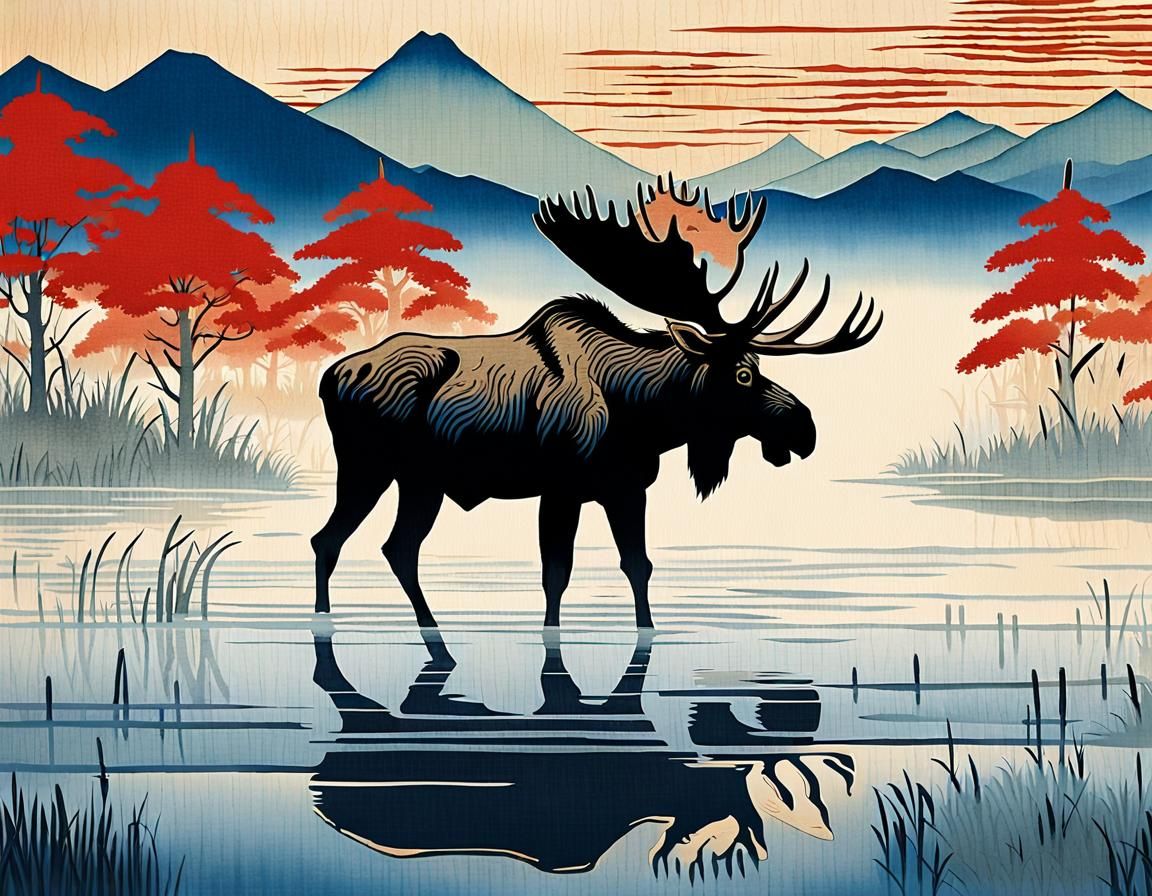 Moose in Marsh: Ukiyo-e Japanese Woodblock Print