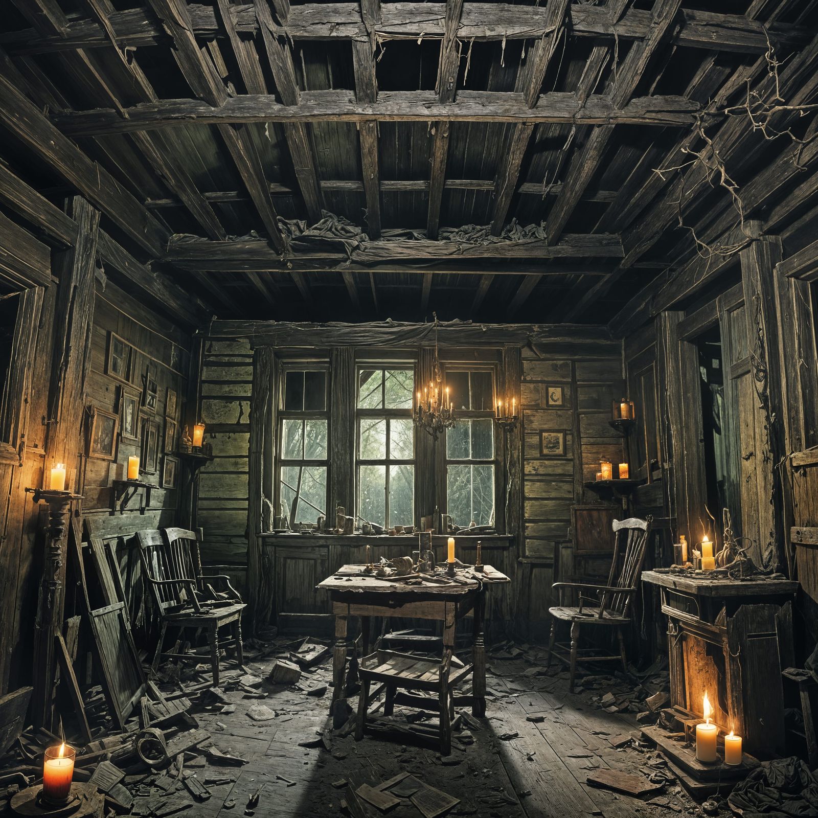 Dim and Decayed Cabin Interior in Horror Style