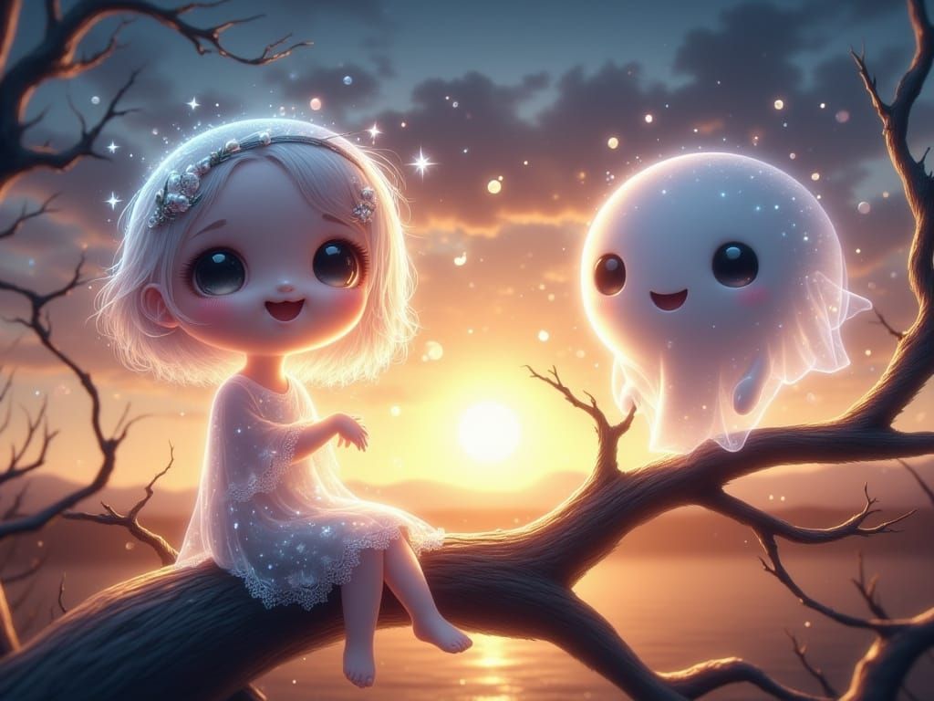Cute Ghost Girl on Branch at Sunset