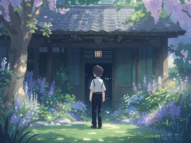 Anime Boy in Garden, Ghibli Style