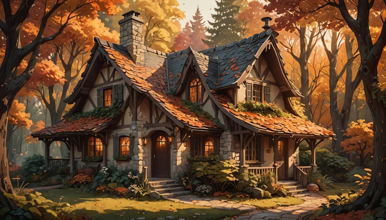 Whimsical Cottage in Autumn Forest Illustration