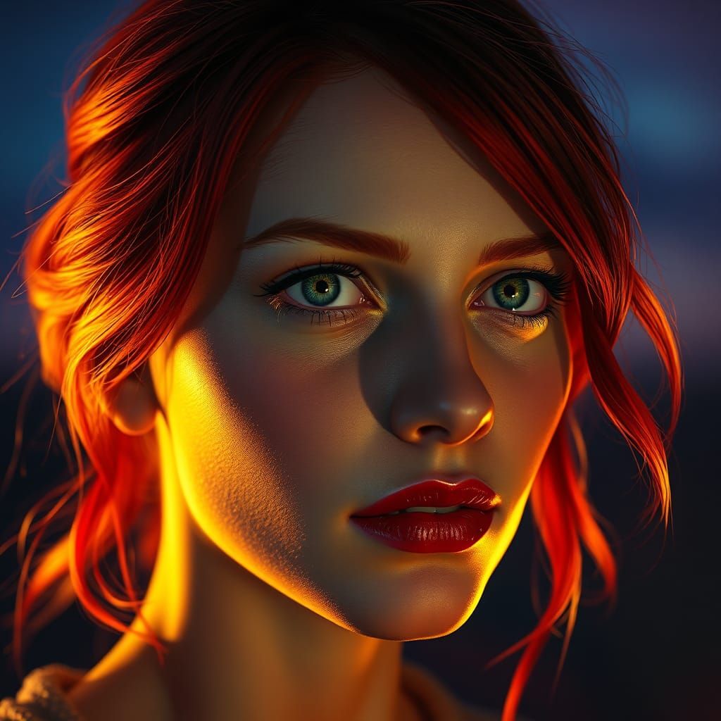 Red-Haired Woman with Ruby Lips, Hyperrealistic Portrait