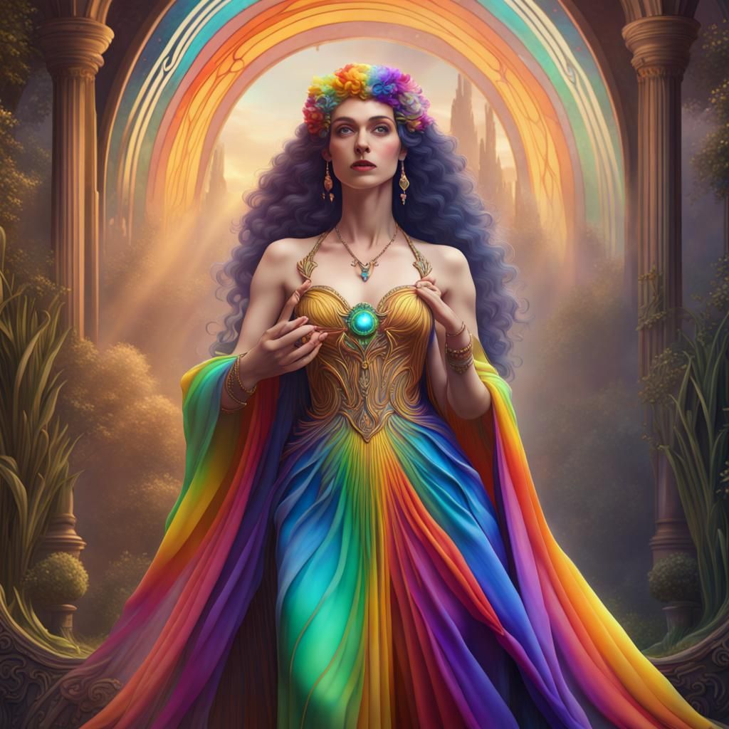 Art Nouveau Goddess Iris with Rainbow Gown