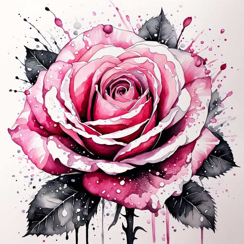 Detailed Pink Rose in Watercolor and Ink