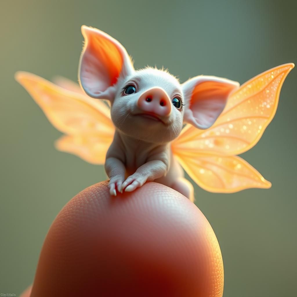 Piglet Fairy on Finger: Hyperrealistic Macro Photo