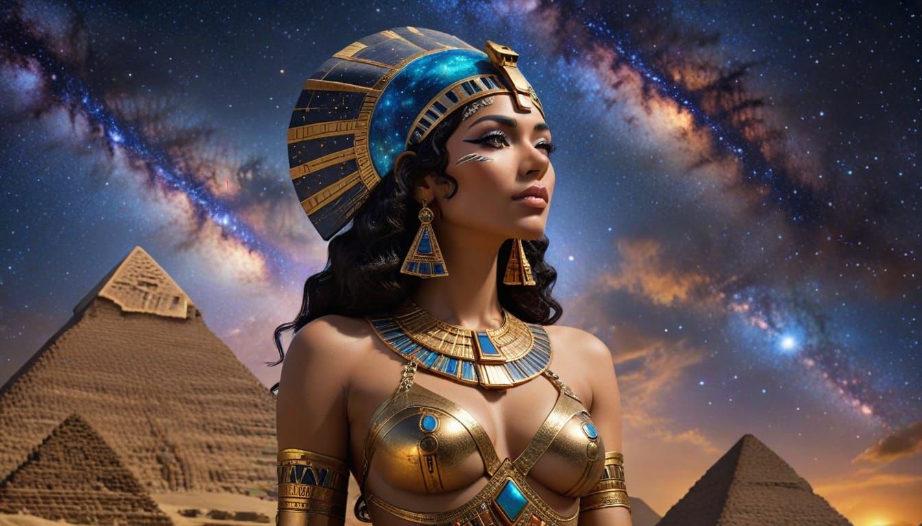 Cleopatra with Cosmic Headdress Under Starry Sky