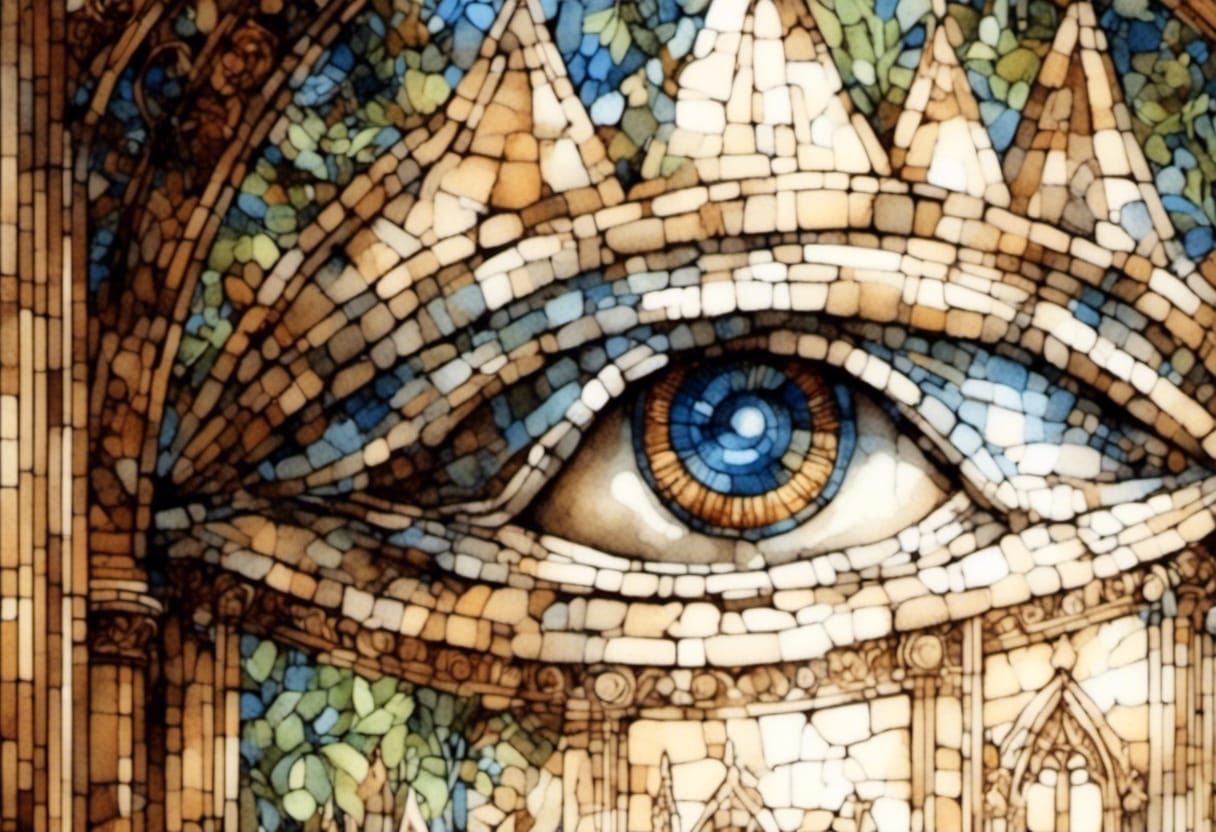 Illuminati Eye on Aztec Temple in Art Nouveau
