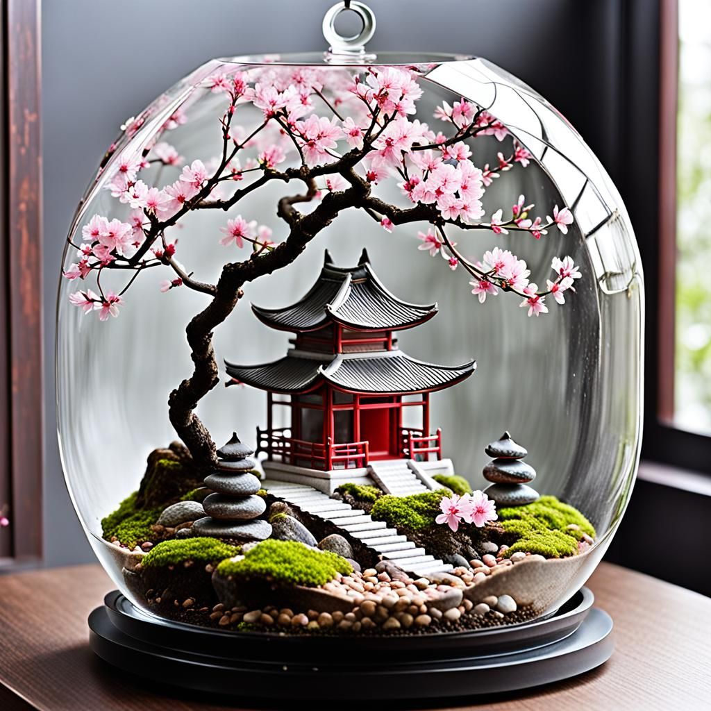 Miniature Oriental Cherry Tree Temple in Terrarium
