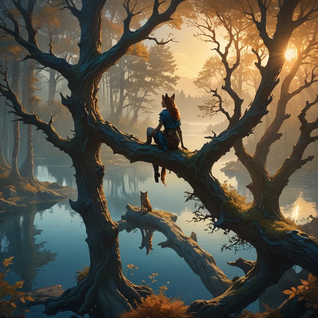 Girl with Wolf Ears in Misty Forest Landscape