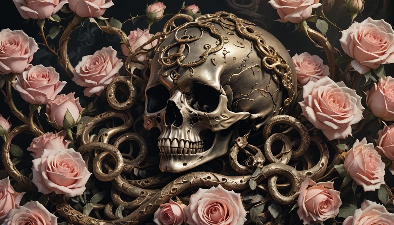 Skull, Snake, and Roses in Dark Surrealist Style