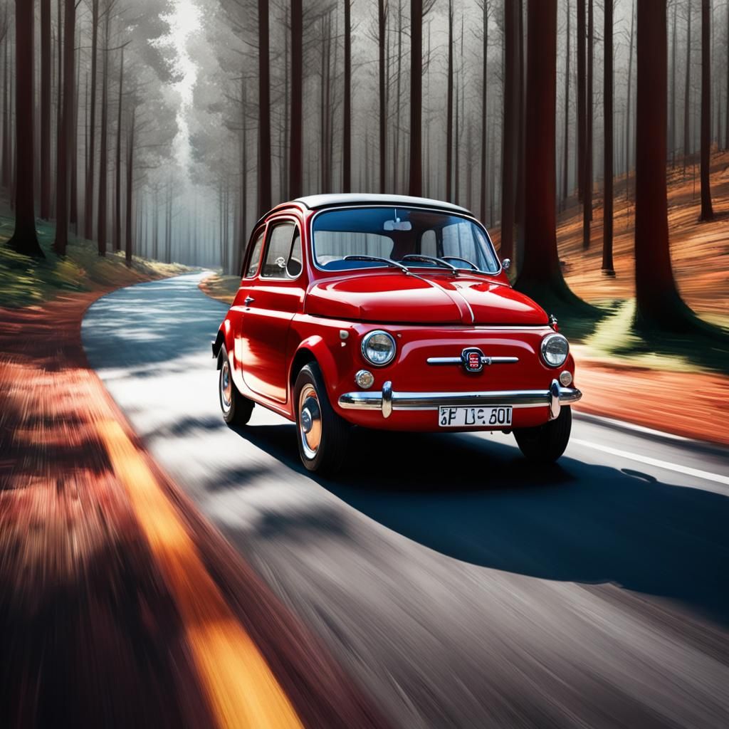 Classic Red Fiat 500 on Forest Road