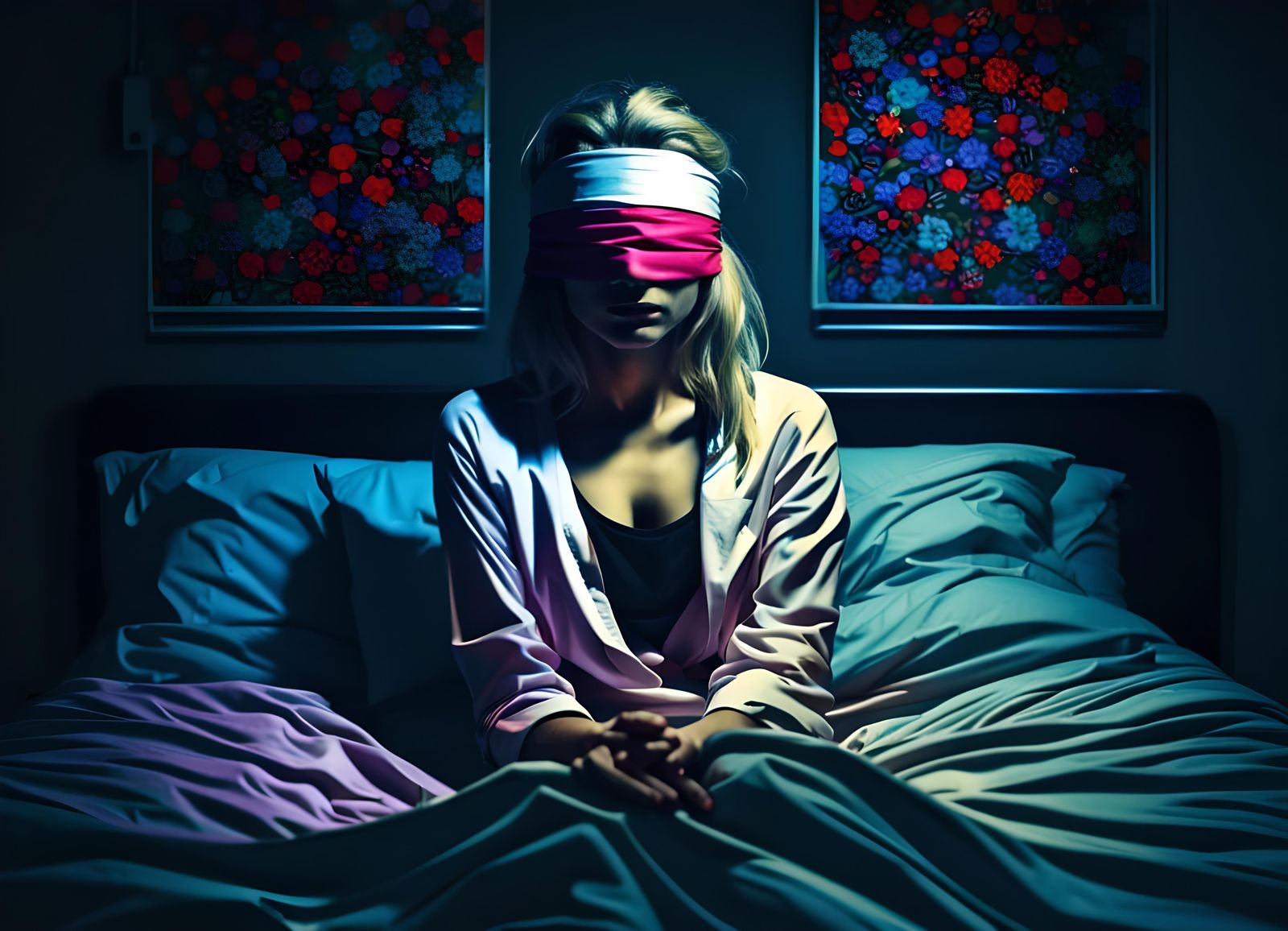 Psychedelic Portrait of a Distressed Woman in Darkness