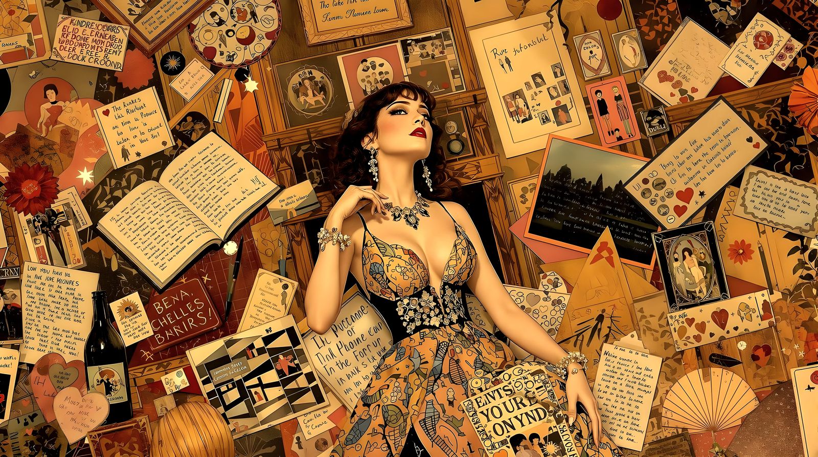 Elegant Woman Surrounded by Memories in Art Nouveau Style