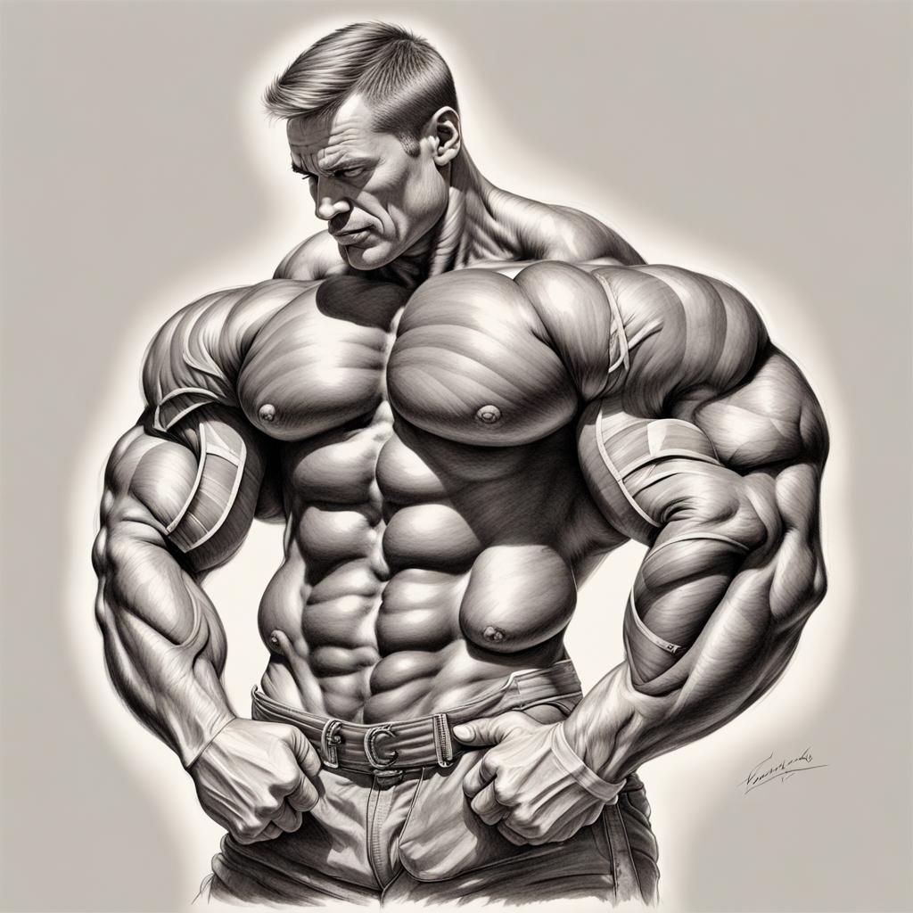 Detailed Pencil Drawing of a Muscular Bodybuilder
