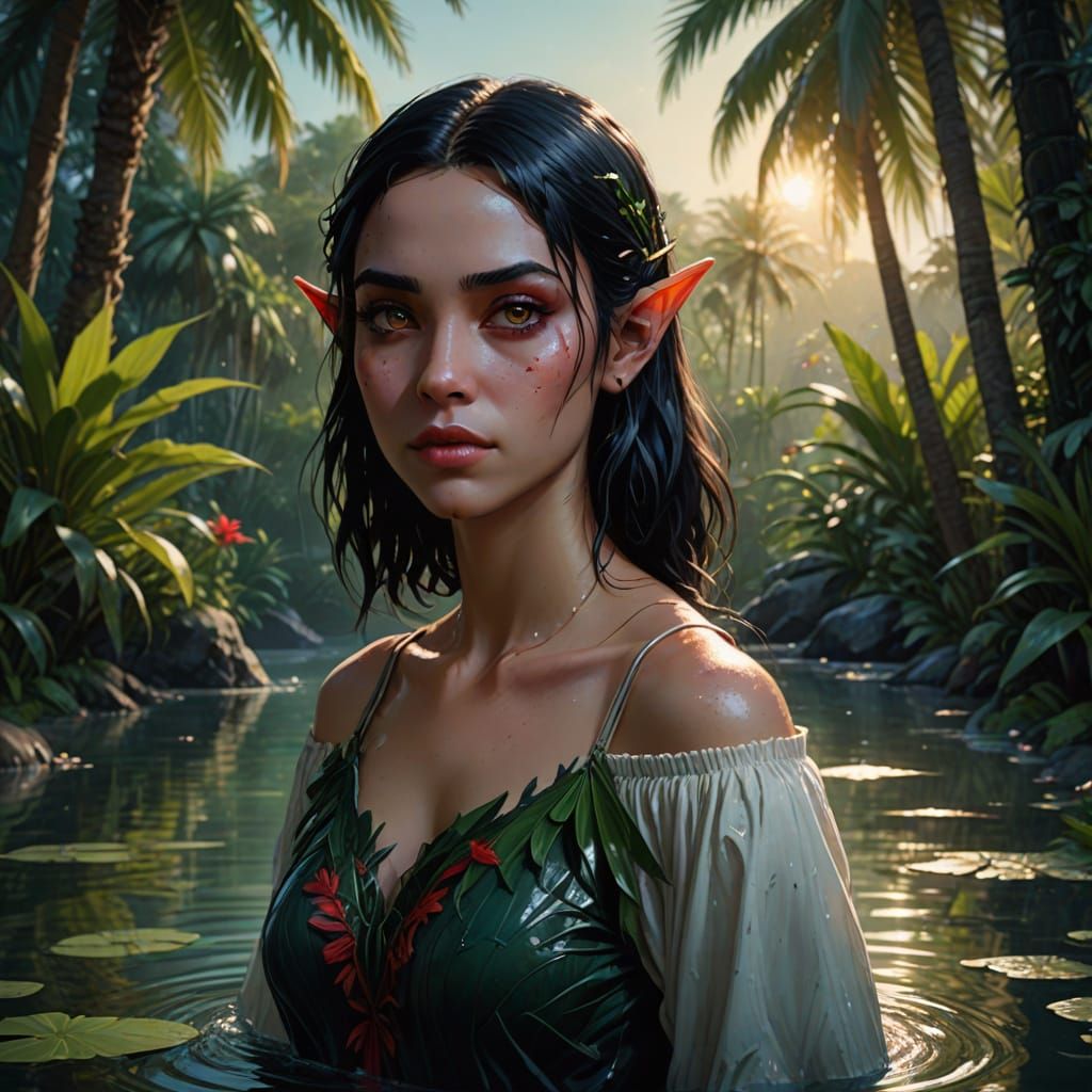 Serene Lake Elf Maiden with Palm Leaf and Tropical Hues