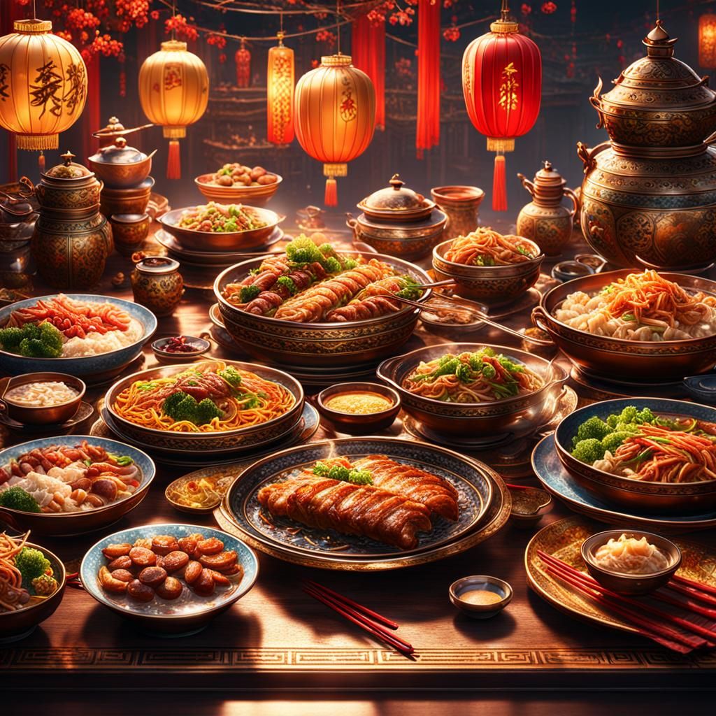 Elaborate Chinese Food Banquet in Matte Painting Style