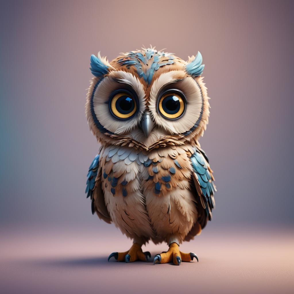 Cute Baby Owl with Big Blue Eyes in 3D
