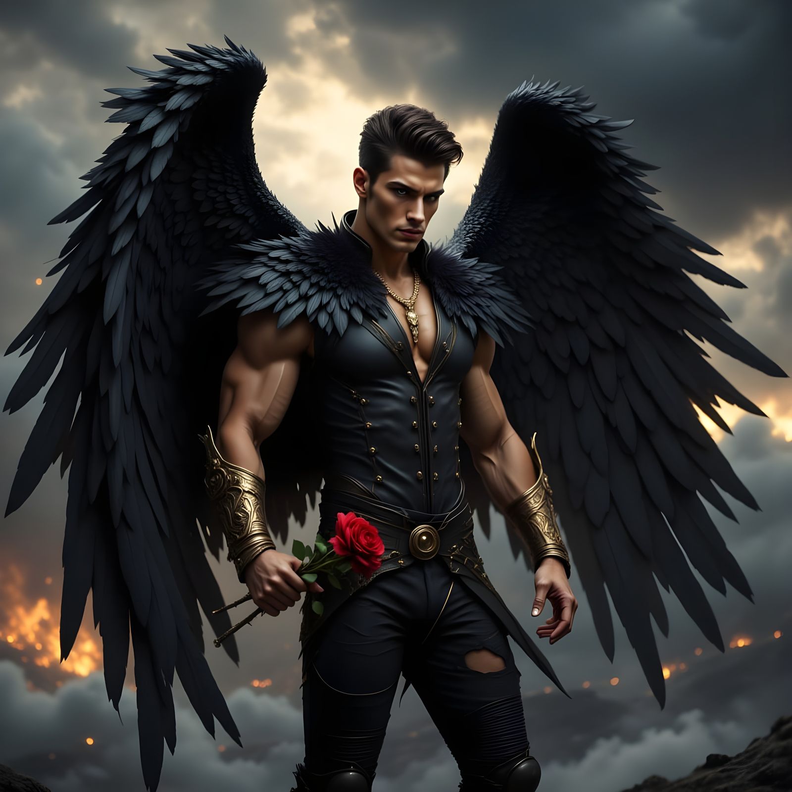 Dark Angel Cyborg with Rose in Cyberpunk Style