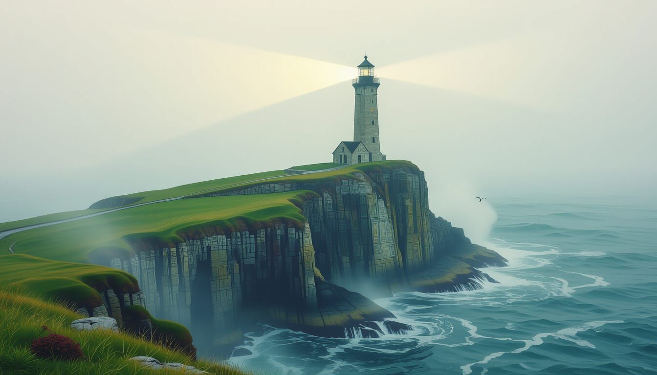 Surreal Lighthouse with Cryptic Symbols in Fog