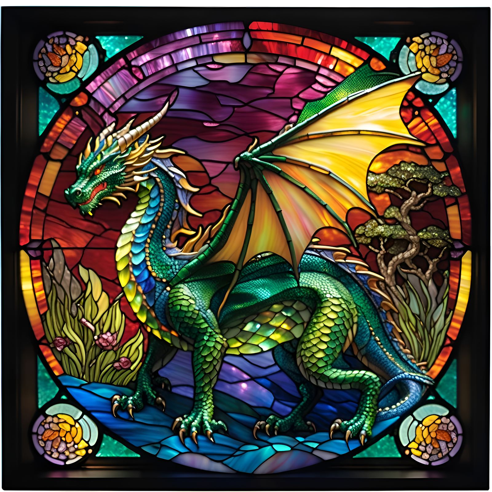 Tiffany-Style Stained Glass Fantasy Dragon Scene