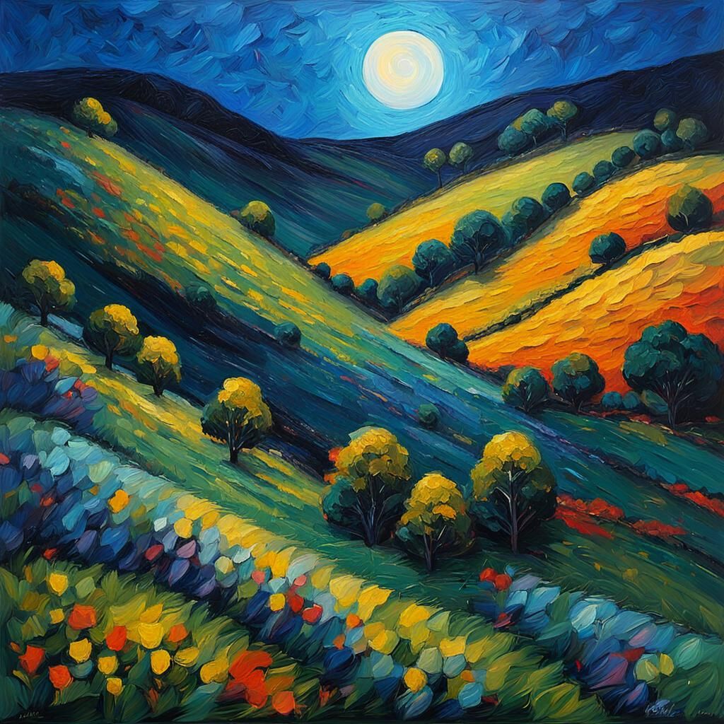 Moonlit Hillside in Expressionist Oil Painting Style