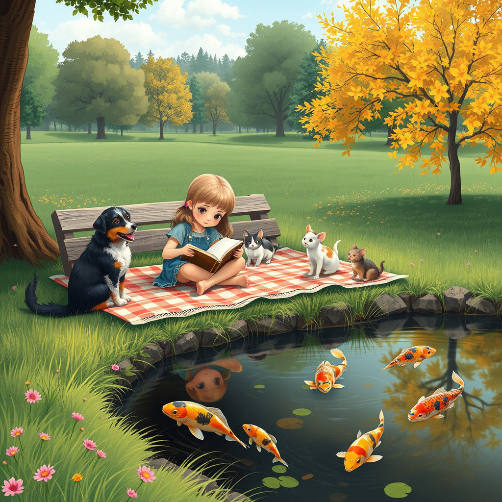 Girl's Picnic with Animals in a Sunny Park