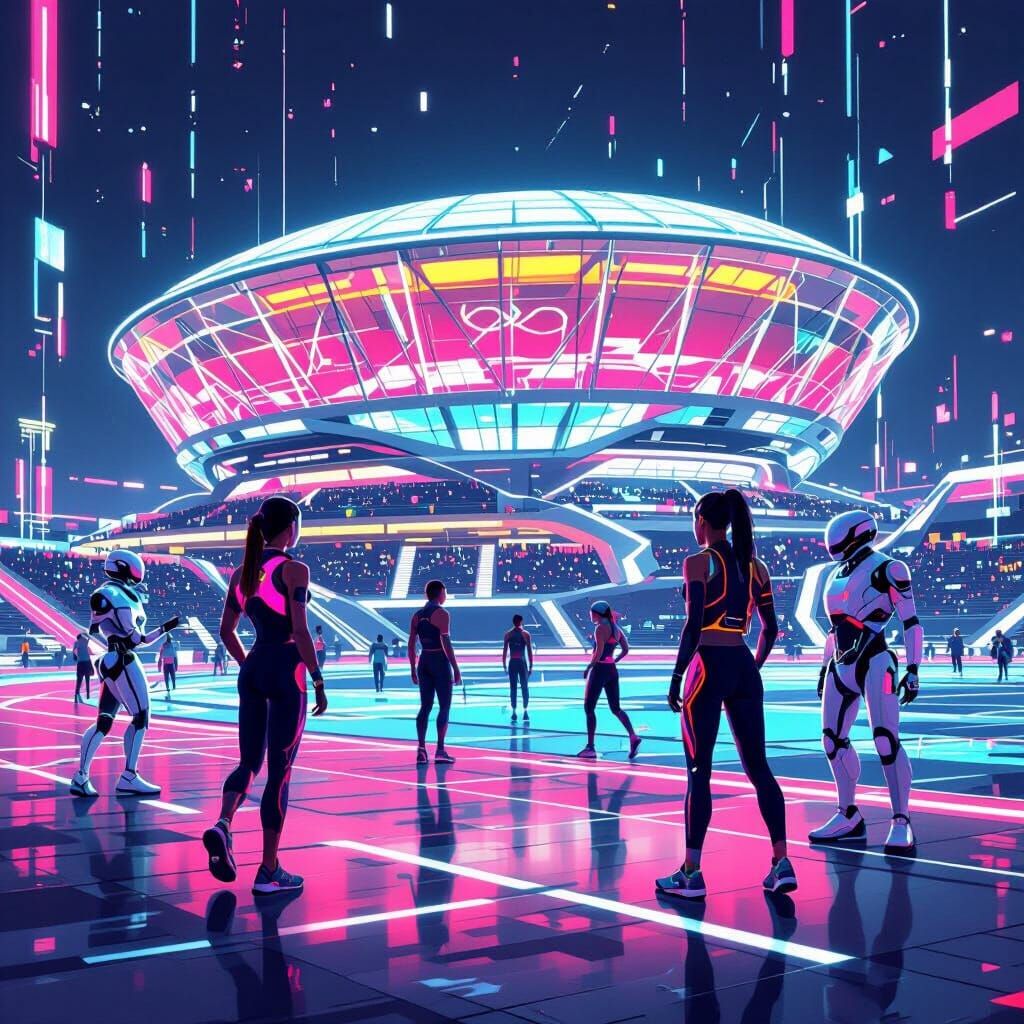 Futuristic Olympic Stadium with AI Robots