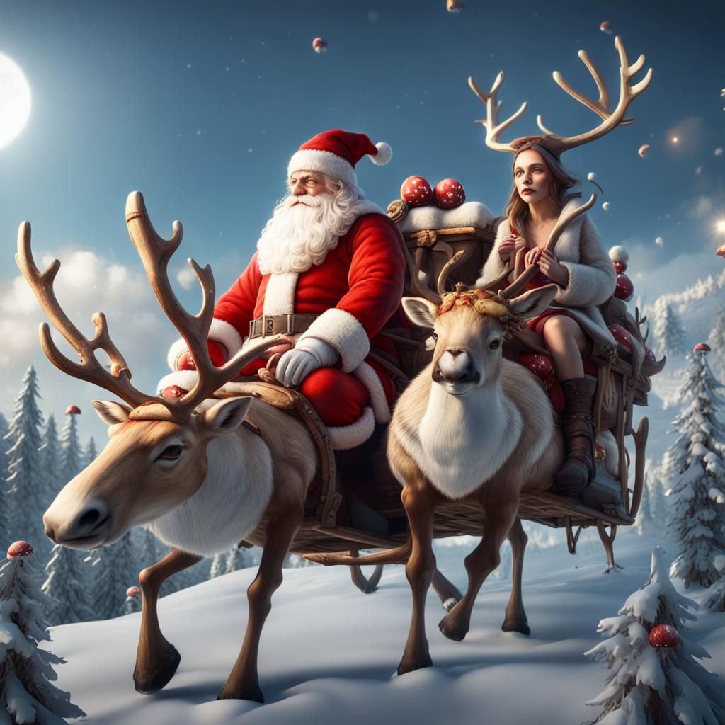 Father Christmas and Wife on Reindeer in 3D
