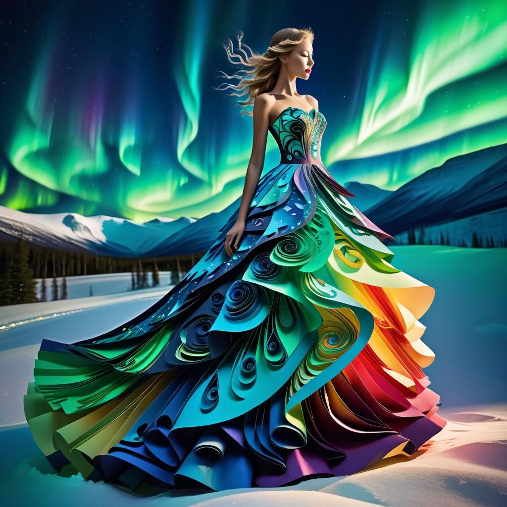 Paper Dress Bathed in Northern Lights Glow