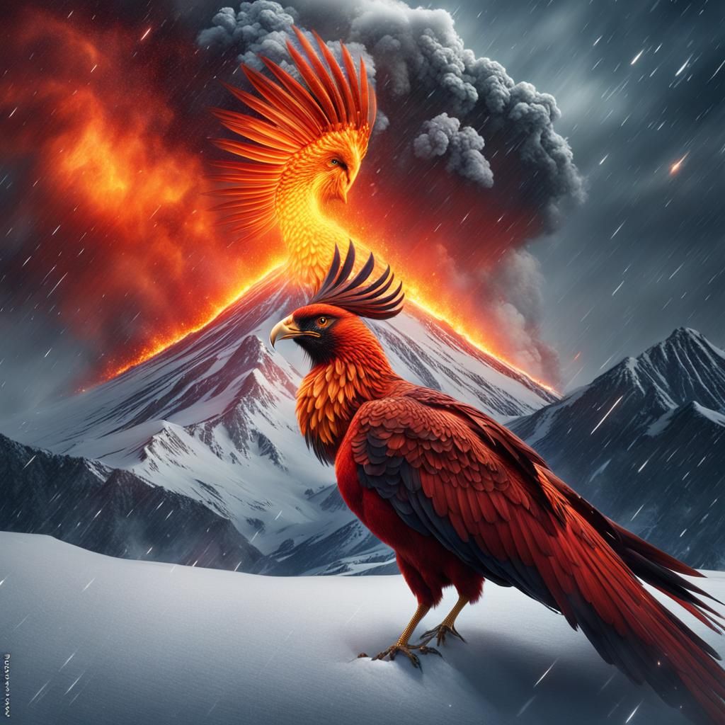 Phoenix Bird in Snowstorm Over Volcano: Digital Painting