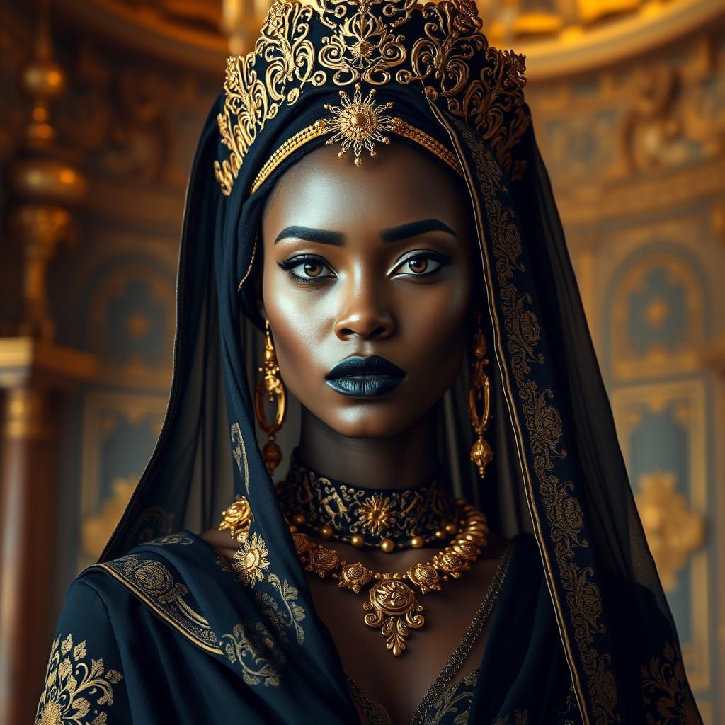 Regal Woman in Opulent Black and Gold Attire