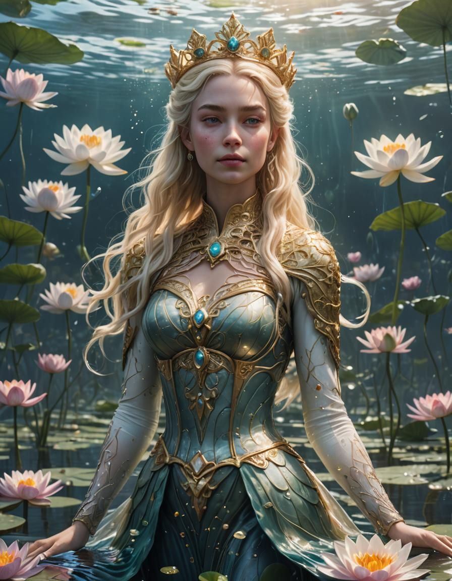Ethereal Blonde Queen in Serene Ocean, Fantasy Art
