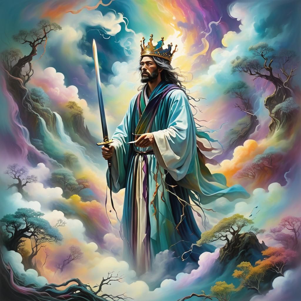 Surreal Man in Cloud Robe Navigating Thickets