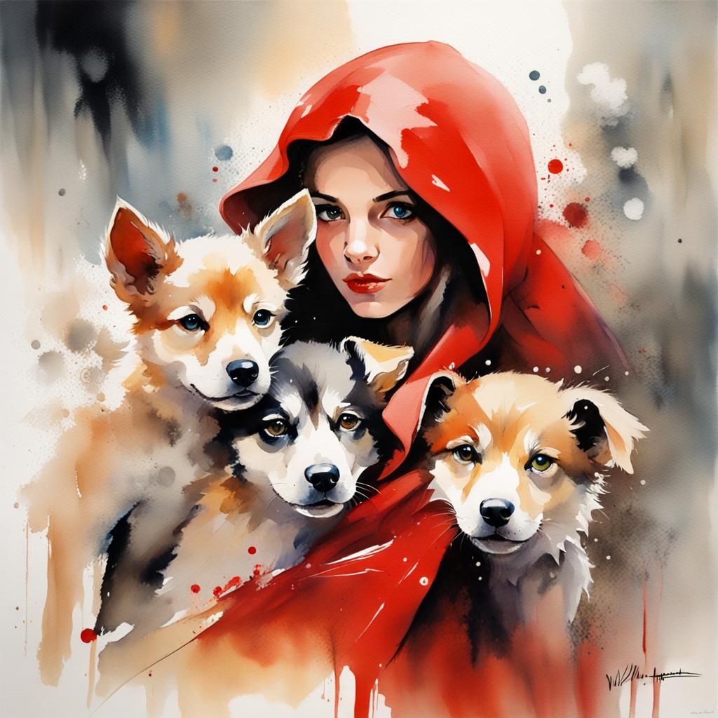 Red Riding Hood with Wolf Pups in Watercolor